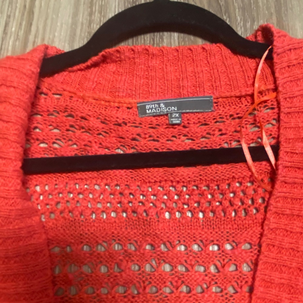 89th & Madison Womens 2X Red Orange Pointelle Crochet Short Sleeve Cardigan NWT - Picture 4 of 8